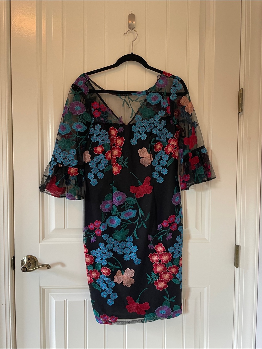 Adrianna Papell Black Floral Mesh Midi Dress with Blue & Red Embroidery